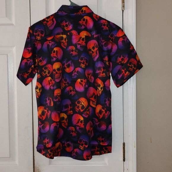 JOGAL Men's Halloween Shirt Pumpkins Skull Short Sleeve Button Down Shirt Sz S - Picture 5 of 6